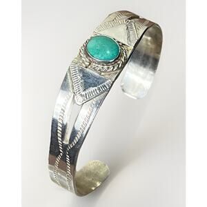 VTG Old Pawn Navajo Sterling Silver Green Turquoise Cuff Bracelet w Stone 7”